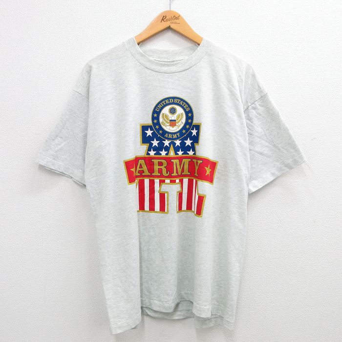 XL★古着 フルーツオブザルーム 半袖 ビンテージ Tシャツ メンズ 90年代 90s ミリタリー アーミー ARMY 星条旗 大きいサイズ クルーネック 薄グレー 霜降り 24may15 中古