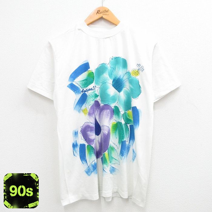 90s 半袖Tシャツ ハイビスカスハンドペイント ホワイト L | 古着