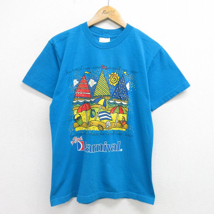 M★古着 半袖 ビンテージ Tシャツ メンズ 90年代 90s ビーチ ヨット コットン クルーネック 青 ブルー 24may06 中古