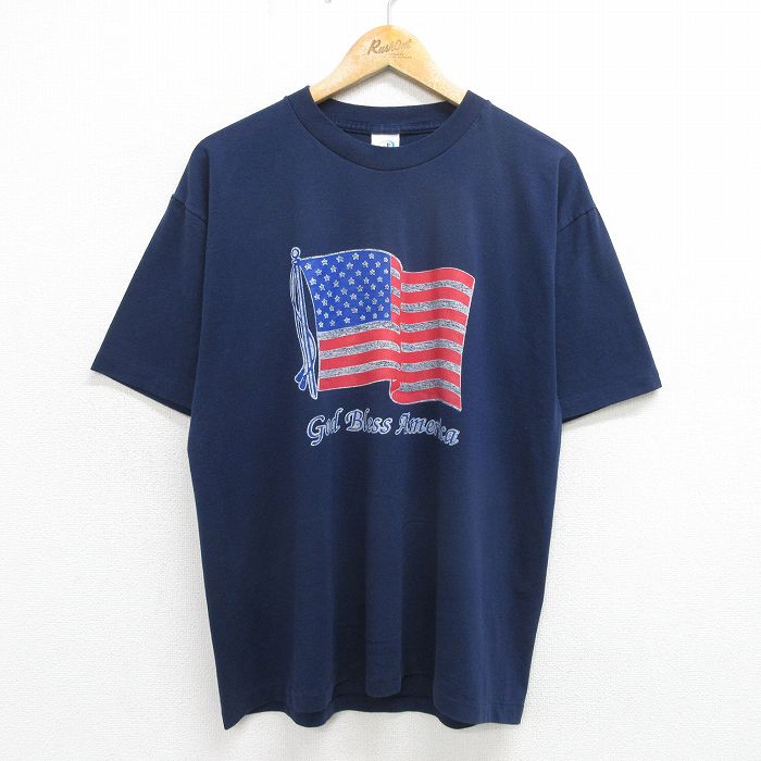 【50%OFF】L★古着 半袖 ビンテージ Tシャツ メンズ 90年代 90s 星条旗 クルーネック USA製 紺 ネイビー 24may20 中古