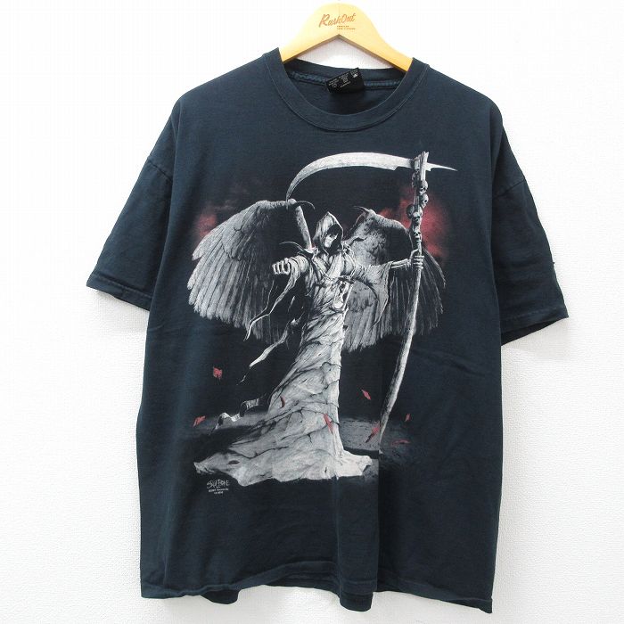 【50%OFF】XL★古着 半袖 ビンテージ Tシャツ メンズ 00年代 00s 死神 大きいサイズ コットン クルーネック 黒 ブラック 24may21 中古