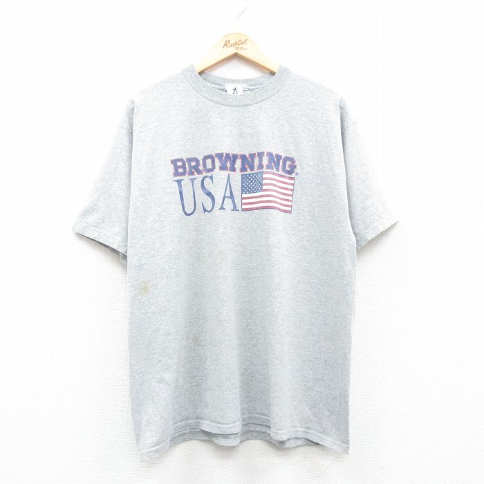 XL★古着 半袖 ビンテージ Tシャツ メンズ 90年代 90s USAロゴ 星条旗 大きいサイズ コットン クルーネック USA製 グレー 霜降り 24may23 中古