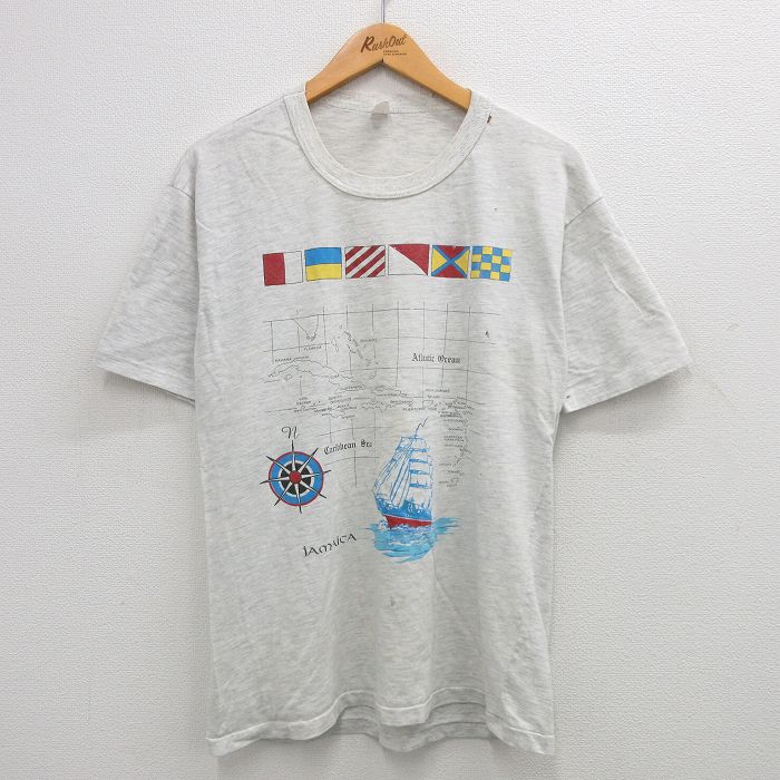 L★古着 半袖 ビンテージ Tシャツ メンズ 90年代 90s 地図 船 ジャマイカ コットン クルーネック 薄グレー 霜降り 24may24 中古