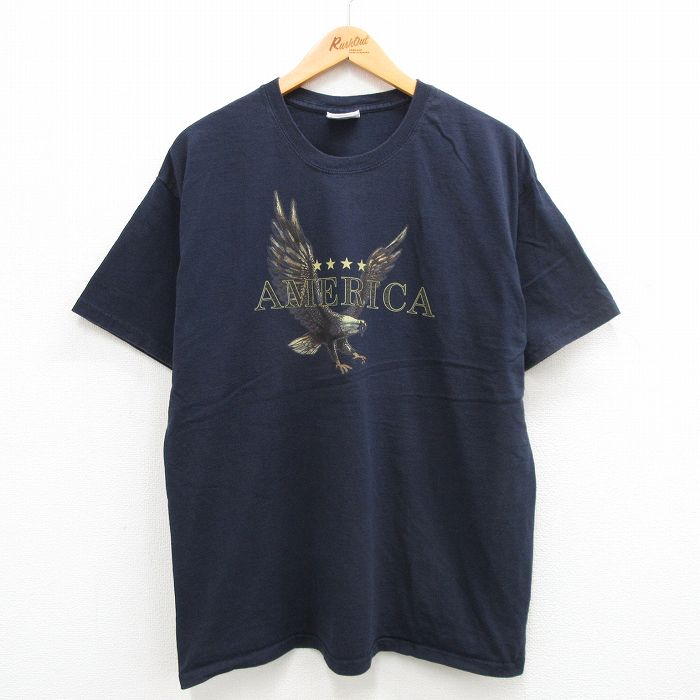 XL★古着 ヘインズ Hanes 半袖 ビンテージ Tシャツ メンズ 00年代 00s ワシ アメリカ コットン クルーネック 紺 ネイビー 24may24 中古
