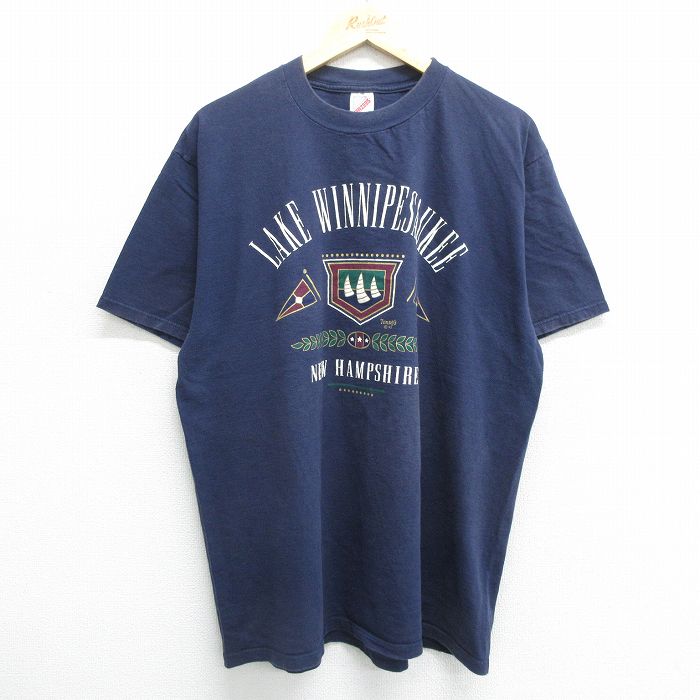 【50%OFF】XL★古着 ジャージーズ 半袖 ビンテージ Tシャツ メンズ 90年代 90s ウィニペソーキー湖 大きいサイズ コットン クルーネック USA製 紺 ネイビー 24may25 中古