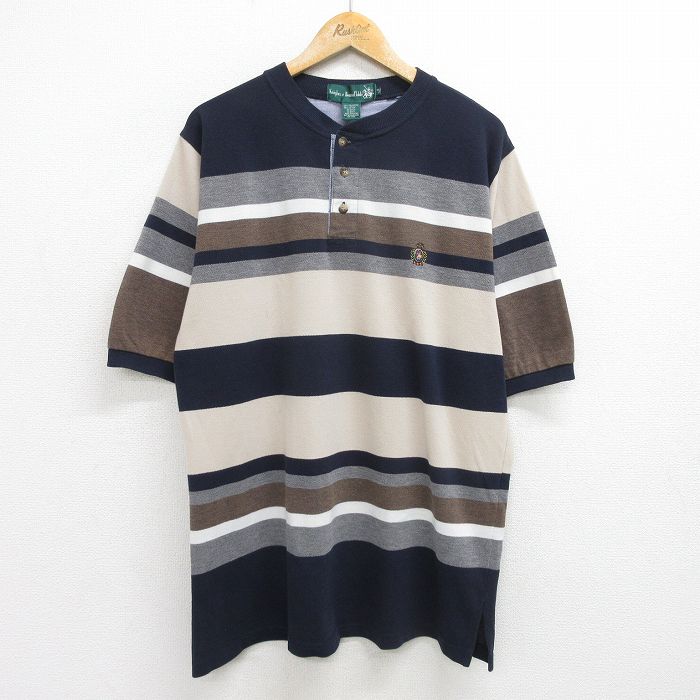 90s 半袖Tシャツ ヘンリーネック ネイビーボーダー XL | 古着
