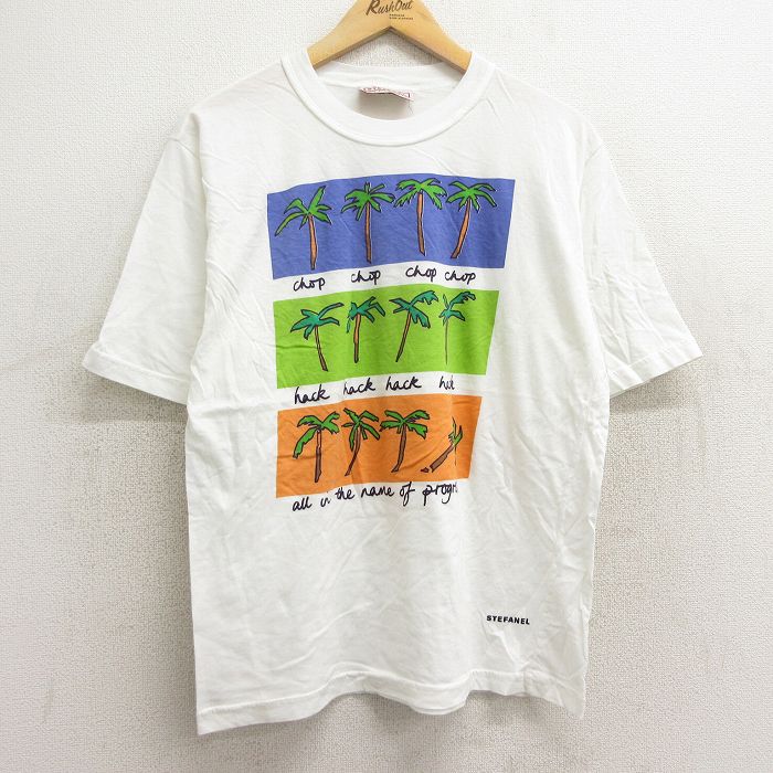 L★古着 半袖 ビンテージ Tシャツ メンズ 90年代 90s ヤシの木 コットン クルーネック イタリア製 白 ホワイト 24may30 中古