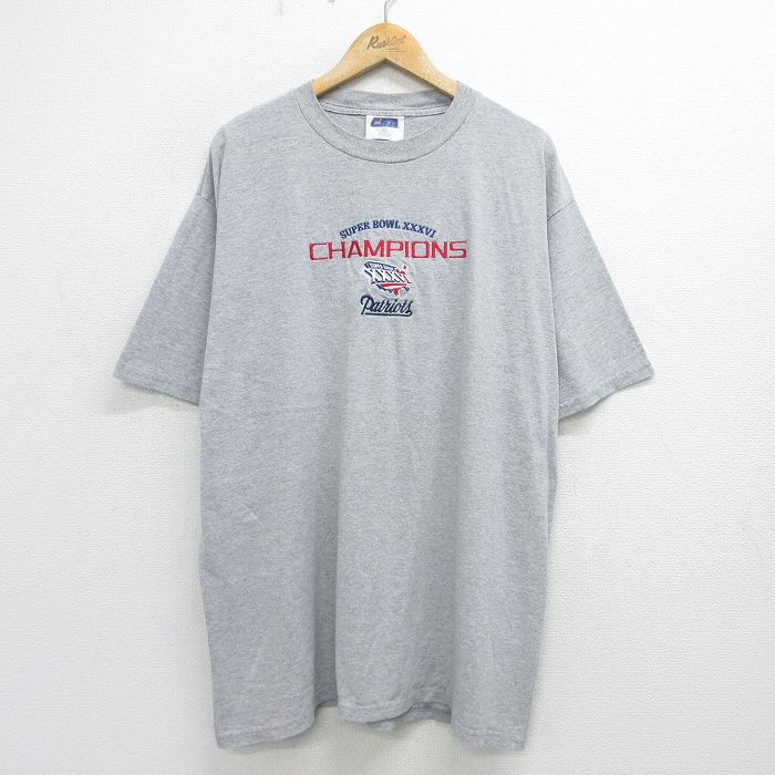 XL★古着 半袖 ビンテージ Tシャツ メンズ 00年代 00s NFL ニューイングランドペイトリオッツ 刺繍 大きいサイズ クルーネック グレー 霜降り アメフト スーパーボウル 24may30 中古