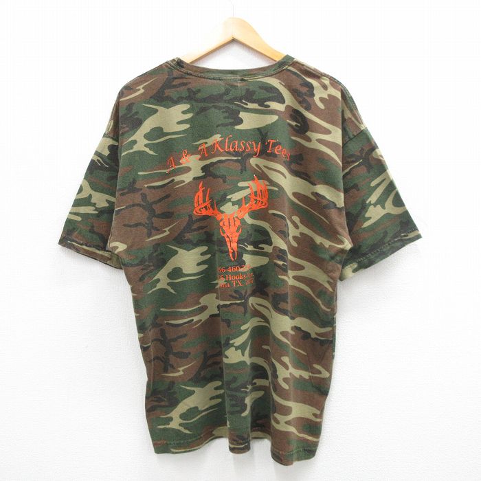 XL★古着 半袖 ビンテージ Tシャツ メンズ 00年代 00s A&A ロングホーン 大きいサイズ コットン クルーネック 緑 グリーン 迷彩 24may30 中古