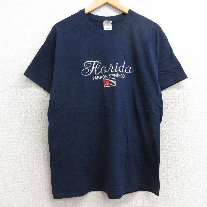 【30%OFF】L★古着 半袖 ビンテージ Tシャツ メンズ 00年代 00s フロリダ 刺繍 コットン クルーネック 紺 ネイビー 24may31 中古