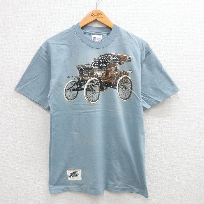 【50%OFF】M★古着 ヘインズ Hanes 半袖 ビンテージ Tシャツ メンズ 90年代 90s オートモービル コットン クルーネック 薄紺 ネイビー 24may31 中古