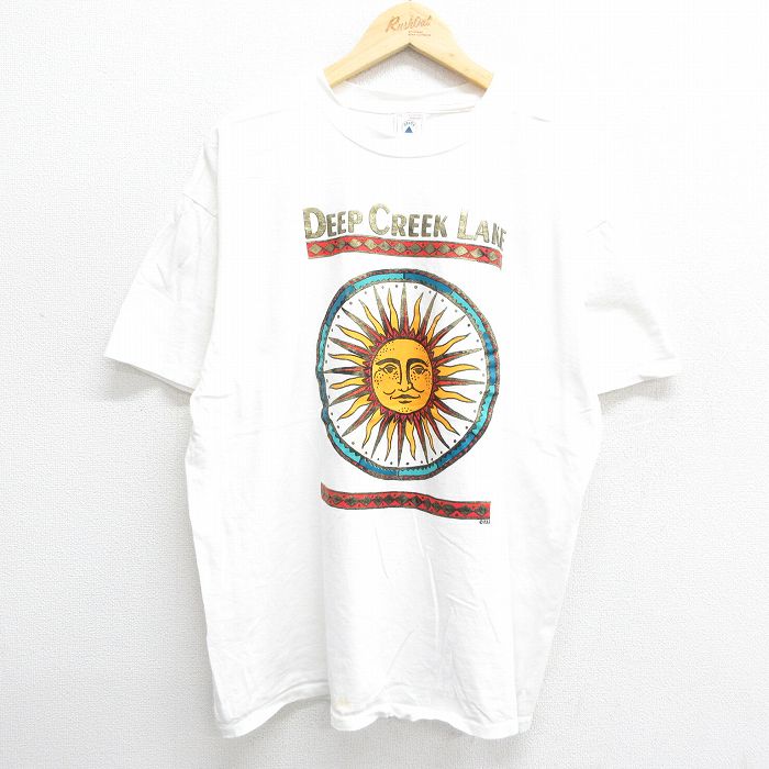 【50%OFF】XL★古着 半袖 ビンテージ Tシャツ メンズ 90年代 90s ディープクリーク湖 太陽 大きいサイズ コットン クルーネック 白 ホワイト 24may31 中古