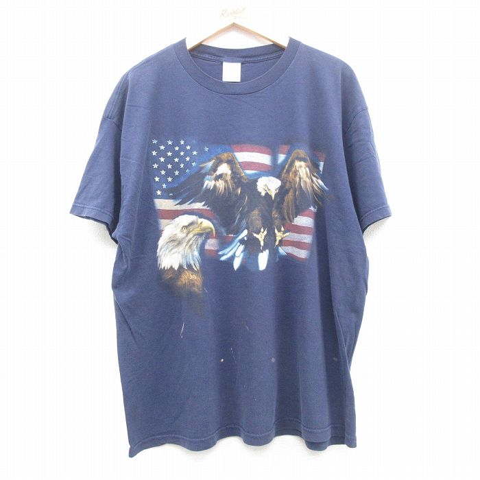 XL★古着 半袖 ビンテージ Tシャツ メンズ 00年代 00s 星条旗 ワシ 大きいサイズ コットン クルーネック 紺 ネイビー 24may31 中古