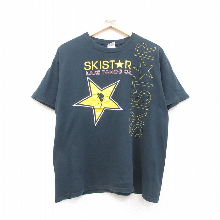 L★古着 半袖 ビンテージ Tシャツ メンズ 00年代 00s スキー 星 コットン クルーネック 黒 ブラック 24may31 中古