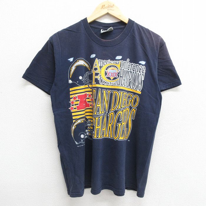 L★古着 リー Lee 半袖 ビンテージ Tシャツ メンズ 90年代 90s NFL サンディエゴチャージャーズ コットン クルーネック USA製 紺 ネイビー アメフト スーパーボウル 24jun01 中古