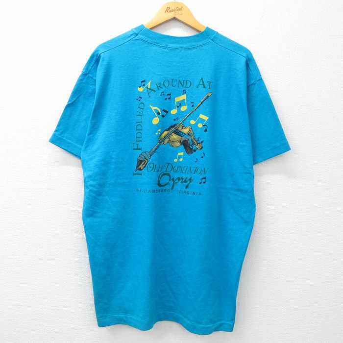 XL★古着 フルーツオブザルーム 半袖 ビンテージ Tシャツ メンズ 90年代 90s 音符 ヴァイオリン 大きいサイズ ロング丈 コットン クルーネック USA製 水色 24jun03 中古