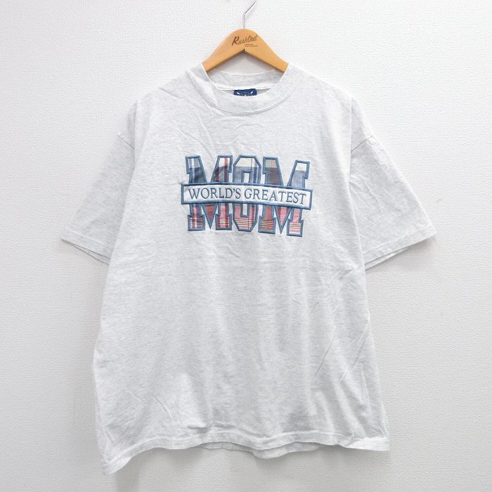 XL★古着 半袖 ビンテージ Tシャツ メンズ 00年代 00s MOM 刺繍 大きいサイズ コットン クルーネック 薄グレー 霜降り 24jun03 中古