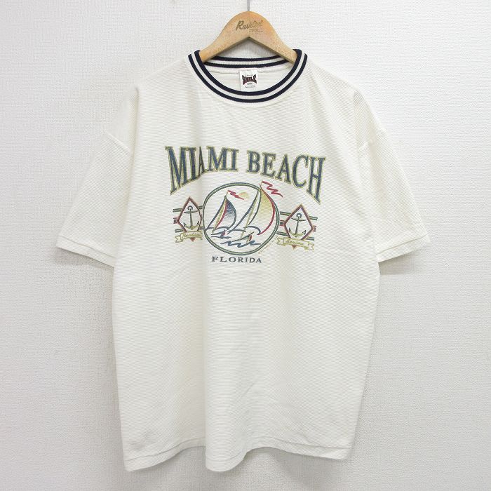 XL★古着 半袖 ビンテージ Tシャツ メンズ 90年代 90s マイアミビーチ 大きいサイズ コットン クルーネック USA製 白他 ホワイト 24jun03 中古