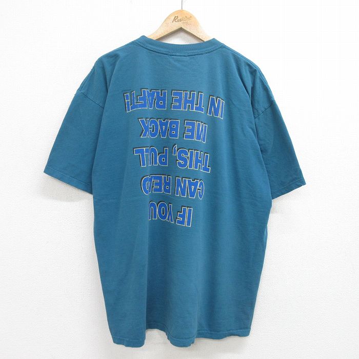 XL★古着 半袖 ビンテージ Tシャツ メンズ 90年代 90s カヤック メッセージ 大きいサイズ ロング丈 コットン クルーネック 青緑 【spe】 24jun03 中古