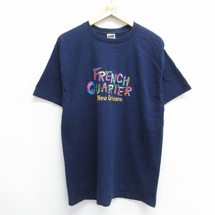 L★古着 フルーツオブザルーム 半袖 ビンテージ Tシャツ メンズ 00年代 00s フレンチクォーター ニューオーリンズ 刺繍 コットン クルーネック 紺 ネイビー 24jun06 中古