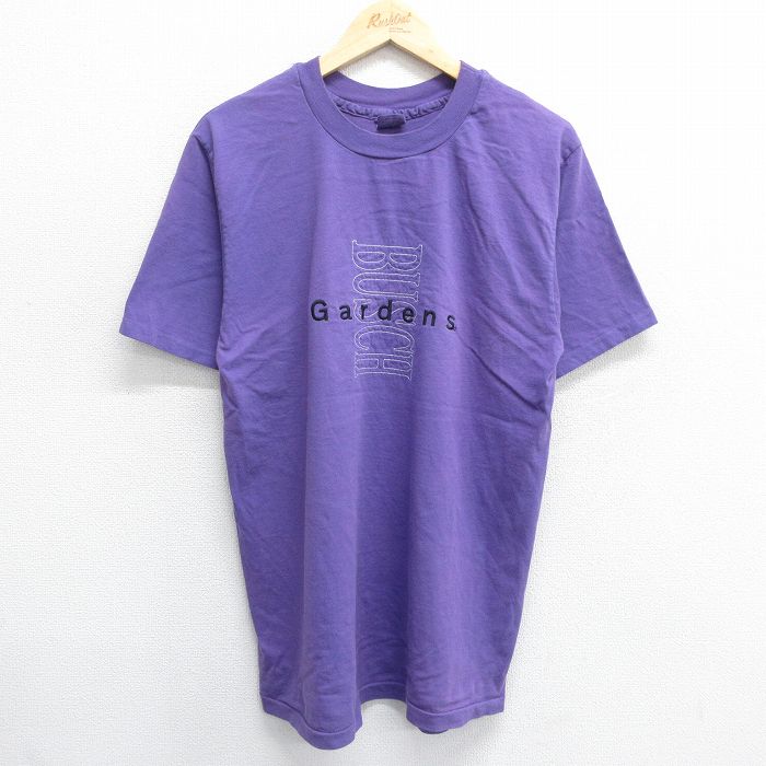 M★古着 半袖 ビンテージ Tシャツ メンズ 90年代 90s ブッシュガーデンズ 刺繍 コットン クルーネック USA製 紫 パープル 24jun06 中古