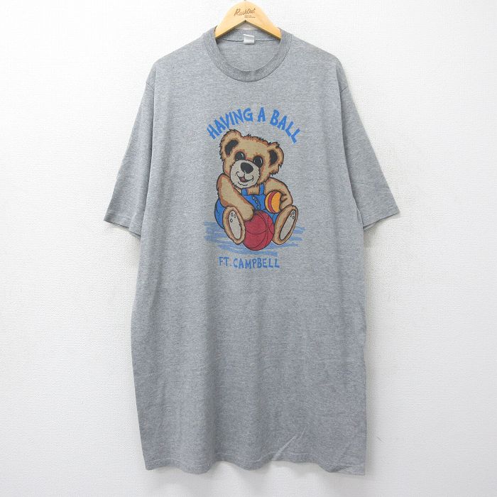 【50%OFF】XL★古着 半袖 ビンテージ Tシャツ メンズ 90年代 90s テディベア 大きいサイズ ロング丈 クルーネック グレー 霜降り 【spe】 24jun05 中古