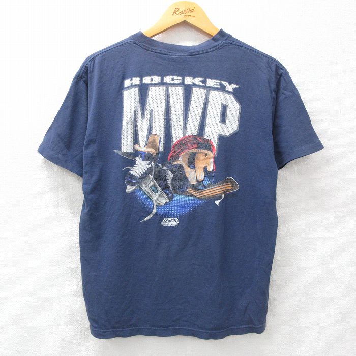 L★古着 半袖 ビンテージ Tシャツ メンズ 90年代 90s ホッケー MVP コットン クルーネック USA製 紺 ネイビー 24jun05 中古