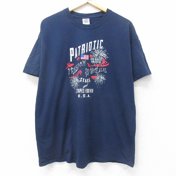 XL★古着 半袖 ビンテージ Tシャツ メンズ 00年代 00s PATRIOTIC 花火 コットン クルーネック 紺 ネイビー 24jun05 中古