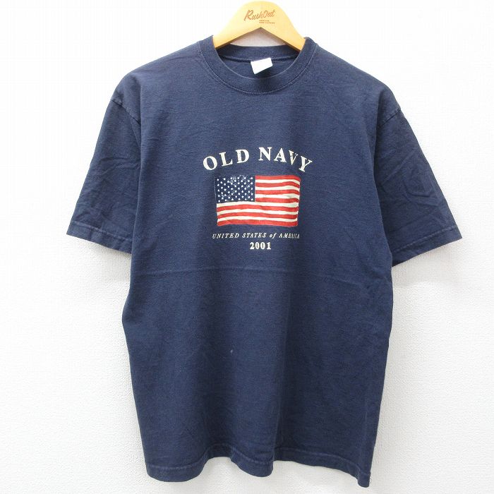 L★古着 オールドネイビー OLD NAVY 半袖 ビンテージ Tシャツ メンズ 00年代 00s ビッグロゴ 星条旗 コットン クルーネック 紺 ネイビー 24jun06 中古