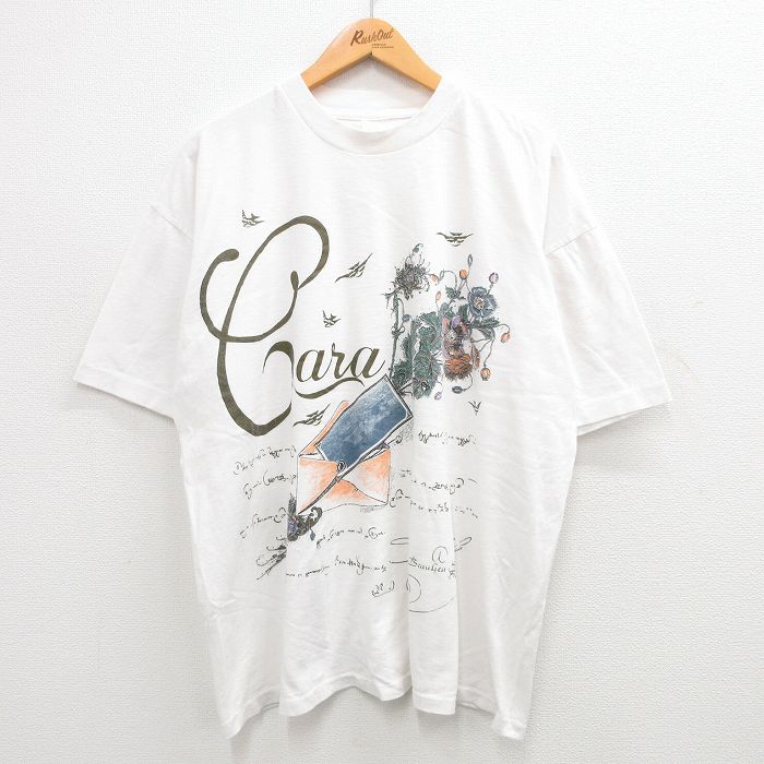XL★古着 半袖 ビンテージ Tシャツ メンズ 90年代 90s 花 手紙 大きいサイズ クルーネック 白 ホワイト 24jun06 中古