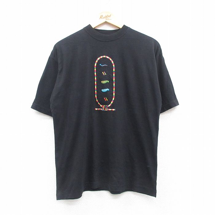 L★古着 半袖 ビンテージ Tシャツ メンズ 00年代 00s 刺繍 コットン クルーネック 黒 ブラック 24jun06 中古