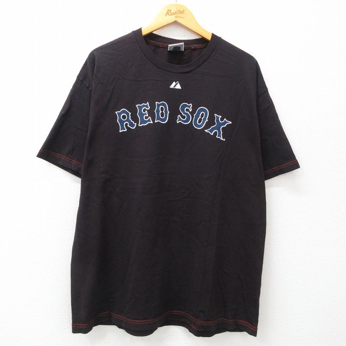 XL★古着 マジェスティック 半袖 ビンテージ Tシャツ メンズ 00年代 00s MLB ボストンレッドソックス DAD 1 大きいサイズ クルーネック 黒系 ブラック メジャーリーグ ベースボール 野球 24jun07 中古