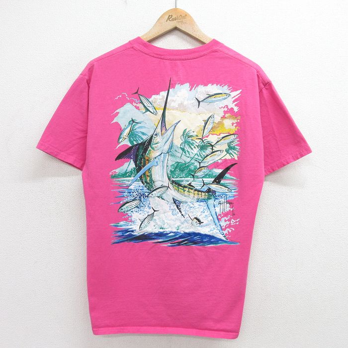 L★古着 半袖 ビンテージ Tシャツ メンズ 00年代 00s カジキ 魚 胸ポケット付き コットン クルーネック ピンク 24jun08 中古