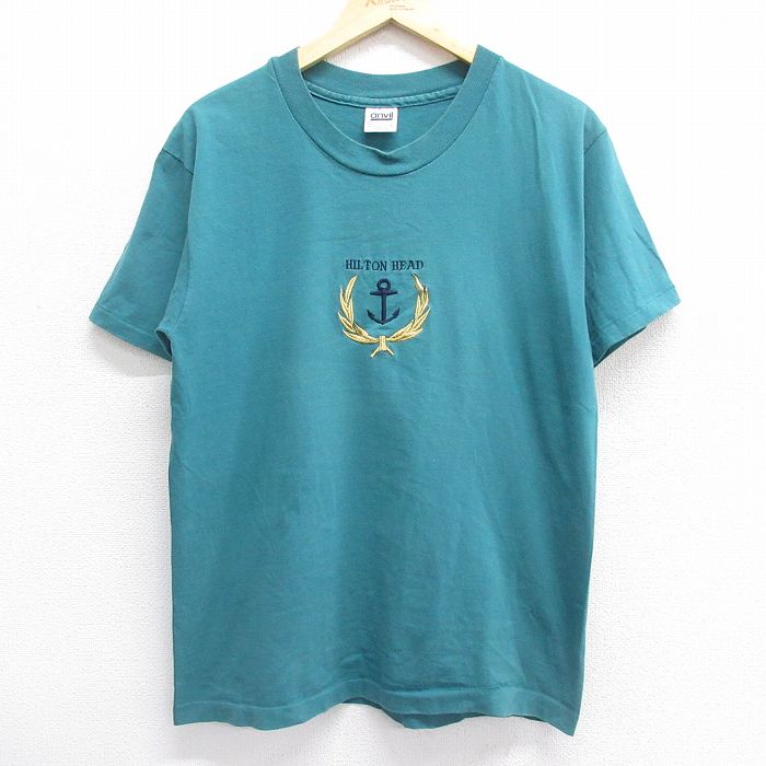 L★古着 半袖 ビンテージ Tシャツ メンズ 90年代 90s HILTON HEAD イカリ 刺繍 コットン クルーネック USA製 青緑 24jun08 中古