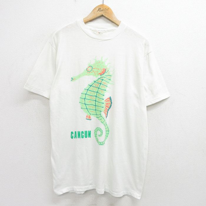 XL★古着 半袖 ビンテージ Tシャツ メンズ 80年代 80s タツノオトシゴ クルーネック 白 ホワイト 24jun08 中古