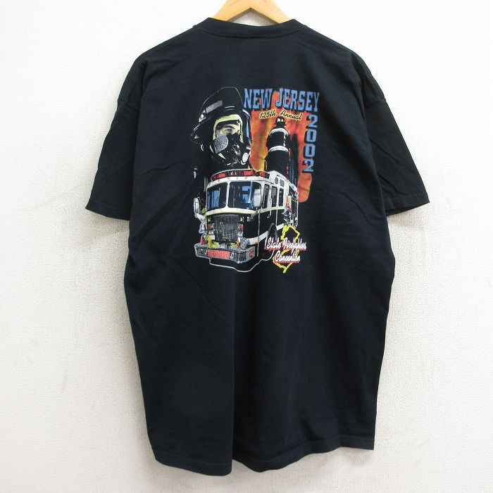 XL★古着 フルーツオブザルーム 半袖 ビンテージ Tシャツ メンズ 00年代 00s 消防車 ニュージャージー 大きいサイズ ロング丈 コットン クルーネック 黒 ブラック 【spe】 24jun10 中古