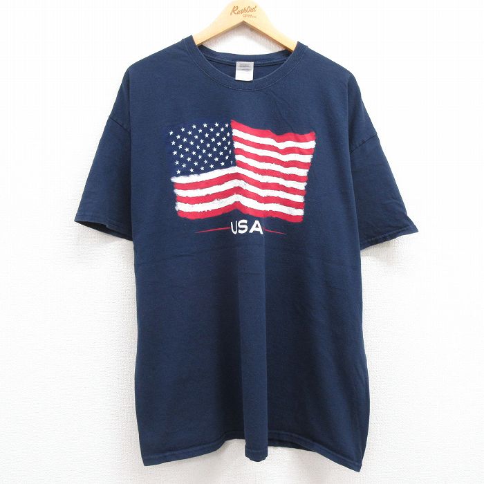 XL★古着 半袖 ビンテージ Tシャツ メンズ 00年代 00s 星条旗 USAロゴ 大きいサイズ コットン クルーネック 紺 ネイビー 24jun11 中古