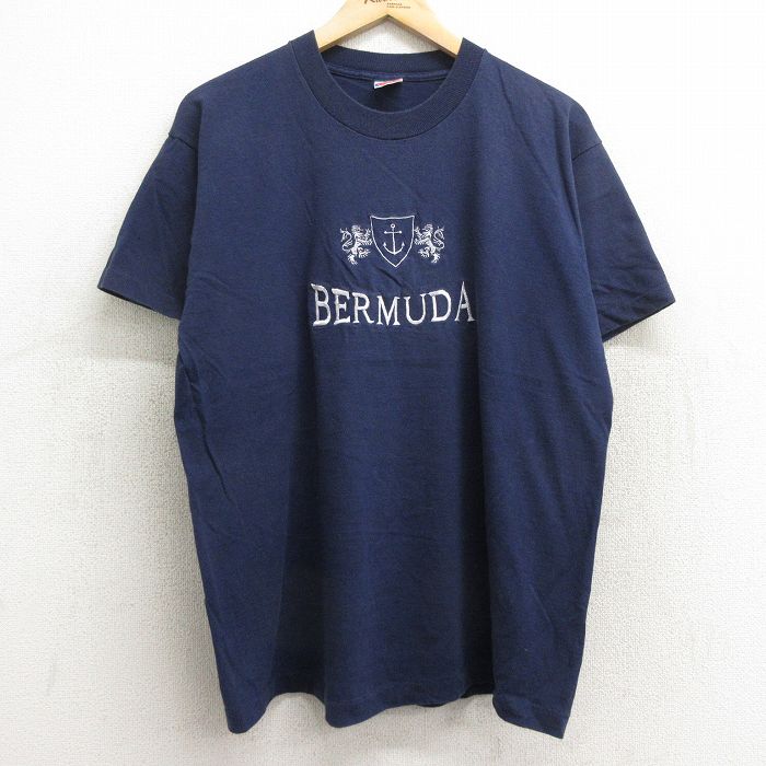 【50%OFF】L★古着 フルーツオブザルーム 半袖 ビンテージ Tシャツ メンズ 90年代 90s バミューダ 刺繍 コットン クルーネック USA製 紺 ネイビー 24jun11 中古
