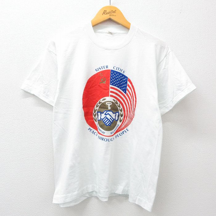 L★古着 スクリーンスターズ 半袖 ビンテージ Tシャツ メンズ 80年代 80s 星条旗 PEACE クルーネック 白系 ホワイト 【spe】 24jun11 中古