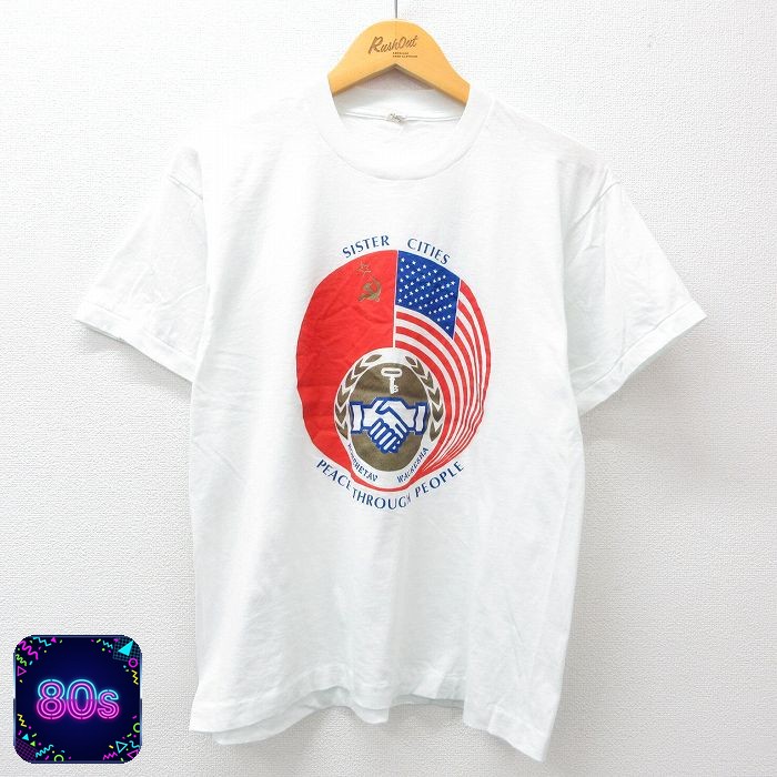 スクリーンスターズ 80s 半袖Tシャツ 星条旗PEACE ホワイト メンズL相当 | 古着