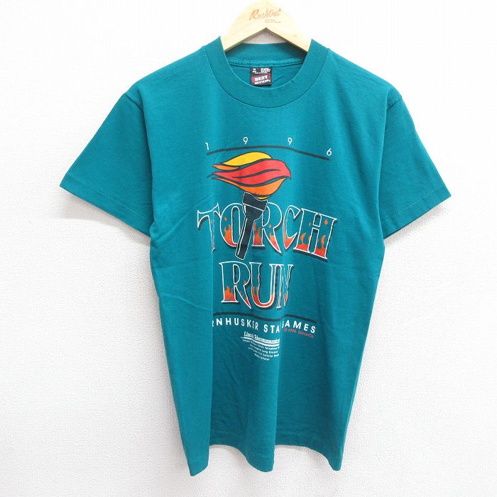 M★古着 フルーツオブザルーム 半袖 ビンテージ Tシャツ メンズ 90年代 90s TORCH RUN クルーネック USA製 青緑系 24jun13 中古