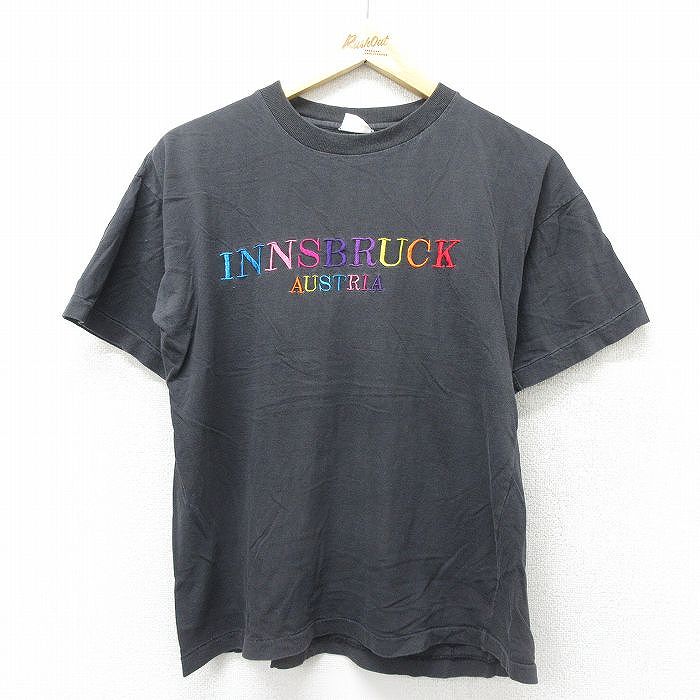 M★古着 半袖 ビンテージ Tシャツ メンズ 90年代 90s オーストリア 刺繍 コットン クルーネック 黒 ブラック 24jun13 中古