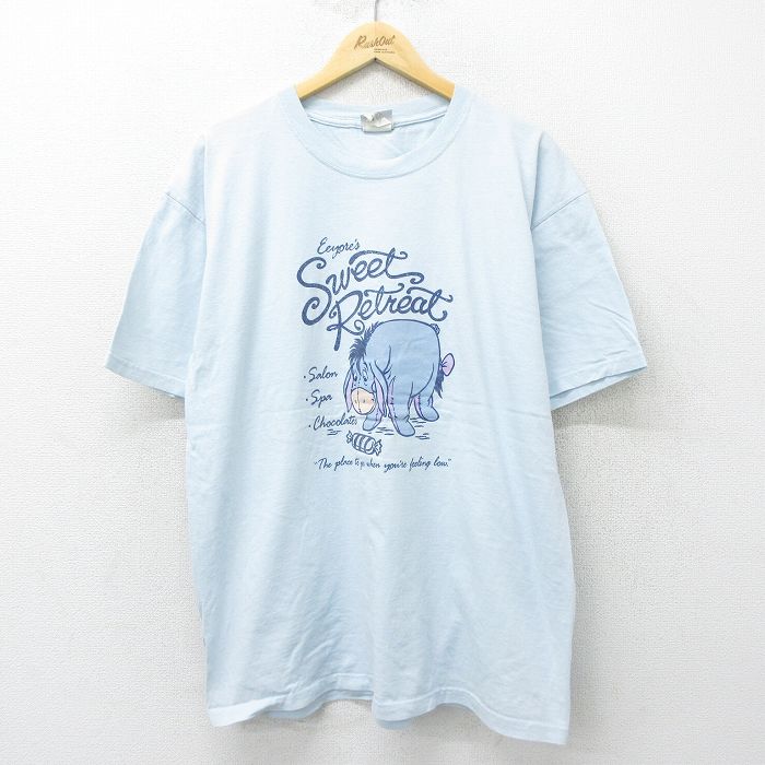 XL★古着 半袖 ビンテージ Tシャツ メンズ 00年代 00s ディズニー DISNEY くまのプーさん イーヨー ラメ 大きいサイズ コットン クルーネック 水色 24jun14 中古