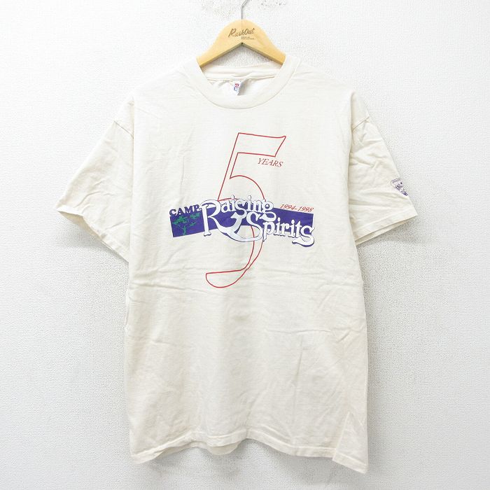 XL★古着 ヘインズ Hanes 半袖 ビンテージ Tシャツ メンズ 90年代 90s Raising spirits 5 USA製 コットン クルーネック 生成り 24jun14 中古
