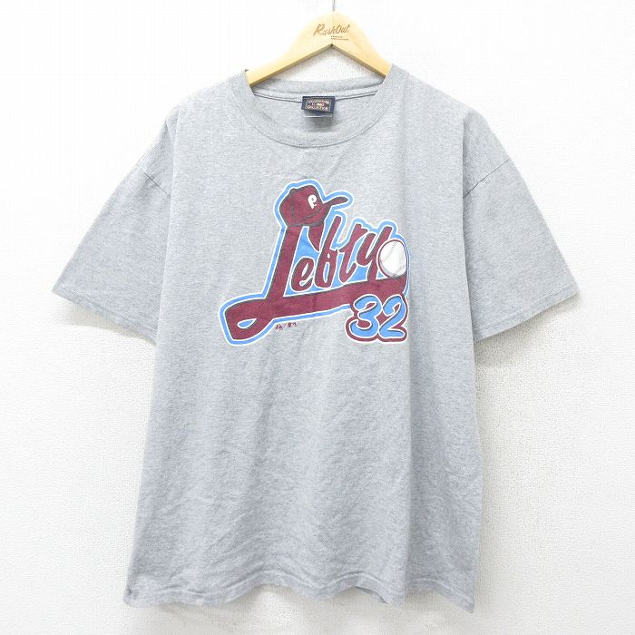 XL★古着 マジェスティック 半袖 ビンテージ Tシャツ メンズ 00年代 00s MLB フィラデルフィアフィリーズ 32 大きいサイズ クルーネック グレー 霜降り メジャーリーグ ベースボール 野球 24jun14 中古
