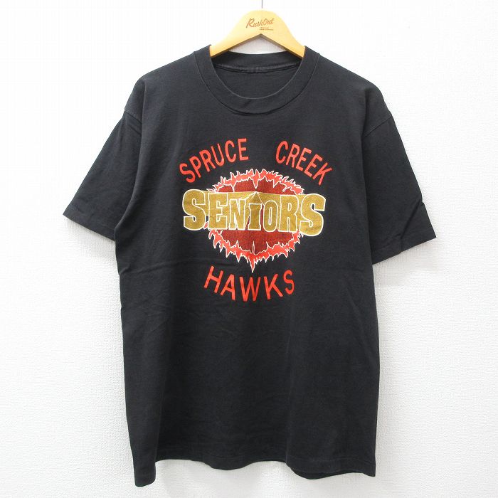 【50%OFF】L★古着 半袖 ビンテージ Tシャツ メンズ 90年代 90s SENIORS ホークス クルーネック 黒 ブラック 24jun17 中古