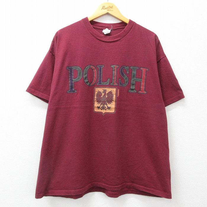 XL★古着 半袖 ビンテージ Tシャツ メンズ 90年代 90s 鳥 POLISH ラメ 大きいサイズ コットン クルーネック USA製 エンジ 24jun18 中古