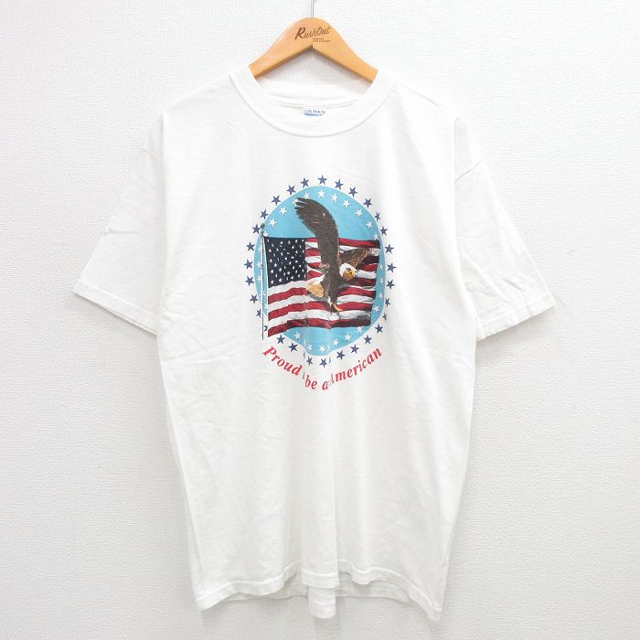 L★古着 半袖 ビンテージ Tシャツ メンズ 00年代 00s 星条旗 ワシ コットン クルーネック 白 ホワイト 24jun19 中古