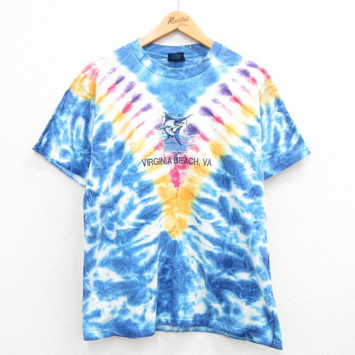 L★古着 半袖 ビンテージ Tシャツ メンズ 00年代 00s バージニアビーチ カジキ 刺繍 コットン クルーネック 青他 ブルー タイダイ 24jun19 中古