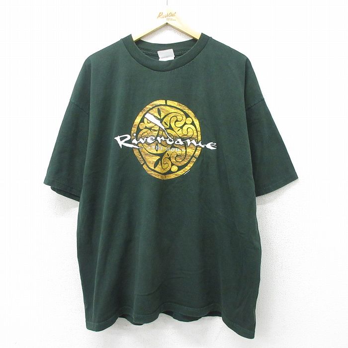 XL★古着 半袖 ビンテージ Tシャツ メンズ 90年代 90s リバーダンス 大きいサイズ コットン クルーネック 濃緑 グリーン 24jun20 中古